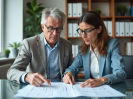 Couple d'adultes examinant des documents de prêt immobilier