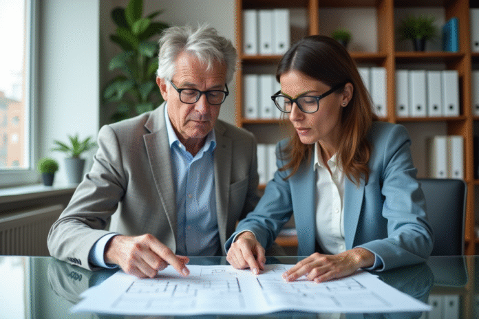 Couple d'adultes examinant des documents de prêt immobilier