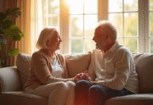 Couple d'âge moyen assis sur un canapé lumineux partageant un sourire