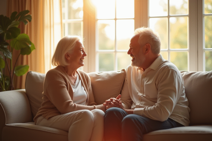 Couple d'âge moyen assis sur un canapé lumineux partageant un sourire