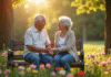 Couple senior assis sur un banc dans un parc en fleurs