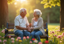 Couple senior assis sur un banc dans un parc en fleurs