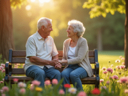 Couple senior assis sur un banc dans un parc en fleurs