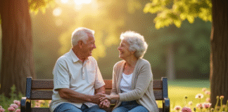 Couple senior assis sur un banc dans un parc en fleurs