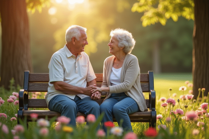 Couple senior assis sur un banc dans un parc en fleurs