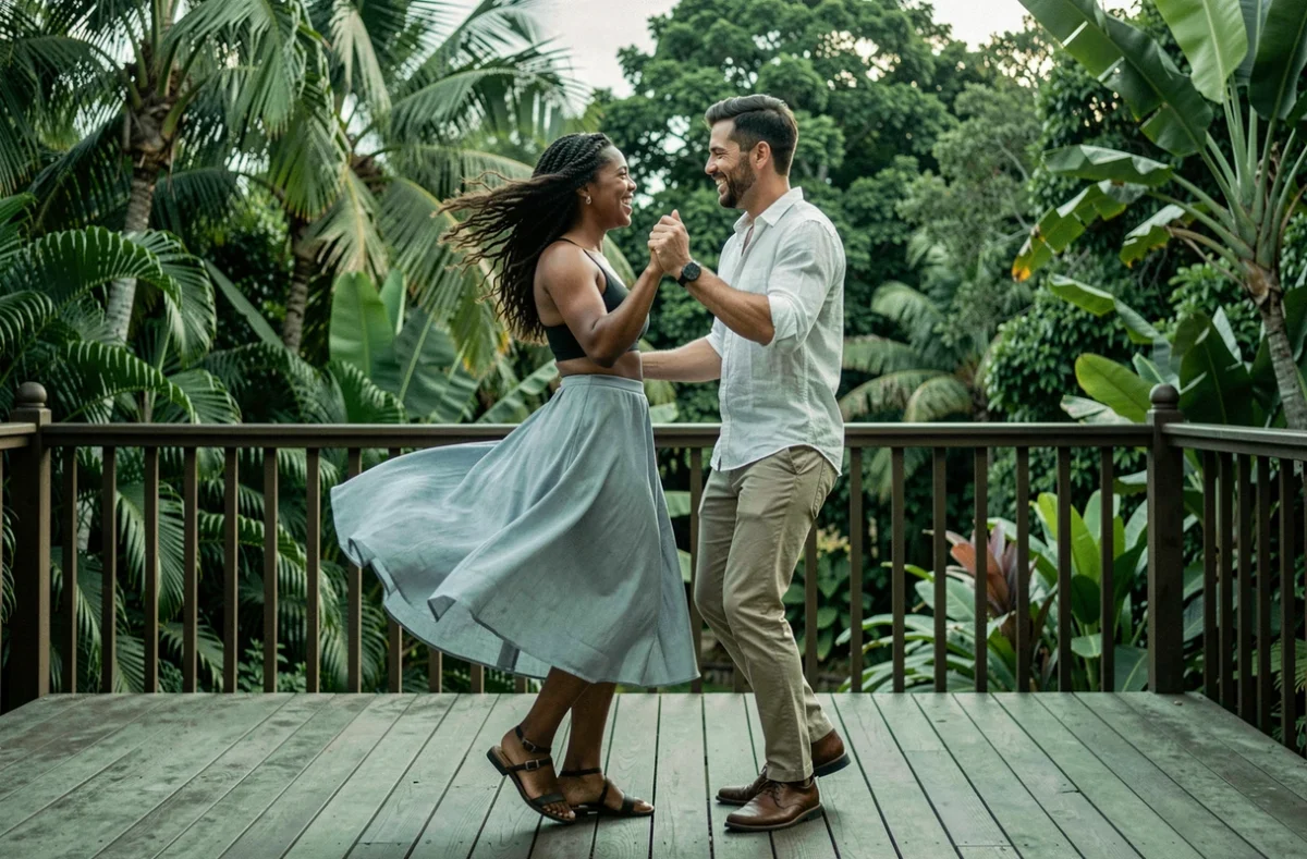 Couple dansant le zouk en plein air pour brûler des calories et maigrir
