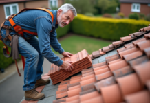 Couvreur middleaged posant avec tuiles en terre cuite sur toit en rénovation