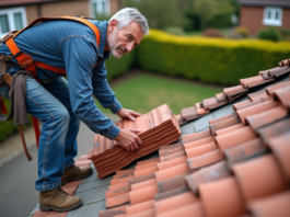 Combien coûte la rénovation d’une toiture de 100 m² avec des tuiles en terre cuite ? Couvreur middleaged posant avec tuiles en terre cuite sur toit en rénovation