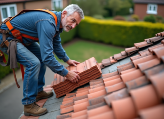 Combien coûte la rénovation d’une toiture de 100 m² avec des tuiles en terre cuite ? Couvreur middleaged posant avec tuiles en terre cuite sur toit en rénovation