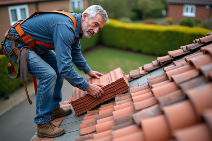 Couvreur middleaged posant avec tuiles en terre cuite sur toit en rénovation