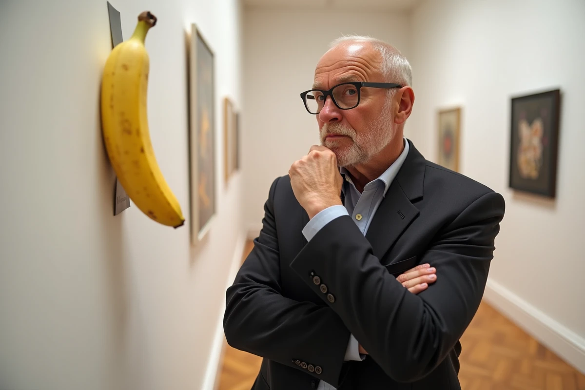 Critique d'art masculin examinant de près une banane scotchée au mur dans une galerie moderne