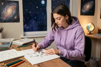 Jeune femme dessinant un personnage de style Mew dans un studio décoré sur le thème de l'espace avec des affiches galactiques et un ciel nocturne visible