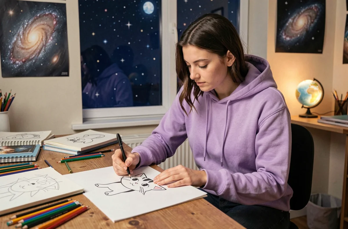 Jeune femme dessinant un personnage de style Mew dans un studio décoré sur le thème de l'espace avec des affiches galactiques et un ciel nocturne visible