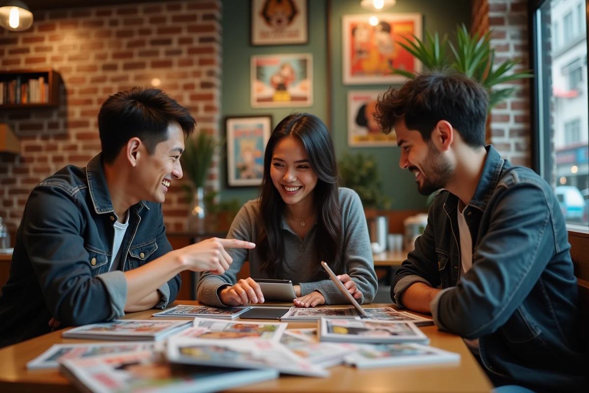 Groupe de trois personnes discutant autour de manga au café