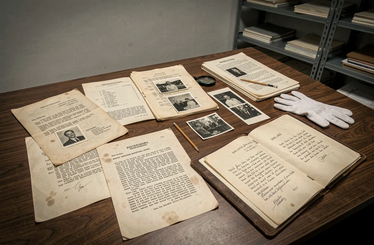 Documents d'archives historiques et photographies en noir et blanc sur un bureau, illustrant la consultation de dossiers publics
