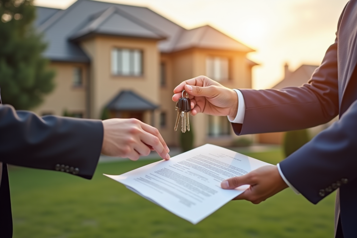 Main échangeant clés et contrat immobilier en extérieur