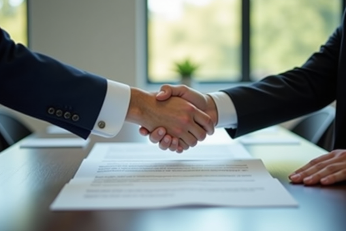 Deux personnes se serrant la main avec contrat sur la table