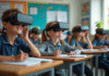 Éducation : réalité virtuelle et augmentée en classe pour apprendre Groupe d'élèves en réalité virtuelle dans une salle de classe
