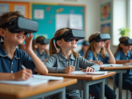 Groupe d'élèves en réalité virtuelle dans une salle de classe