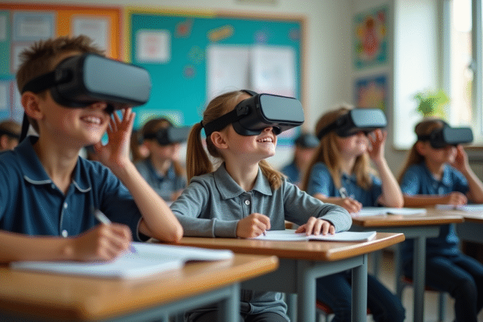 Groupe d'élèves en réalité virtuelle dans une salle de classe