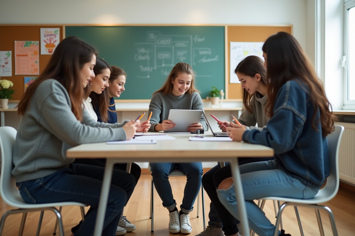 Lyceens collaborant sur table avec tablettes et smartphones
