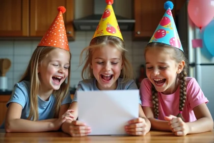 Trois enfants rient en lisant une carte d anniversaire