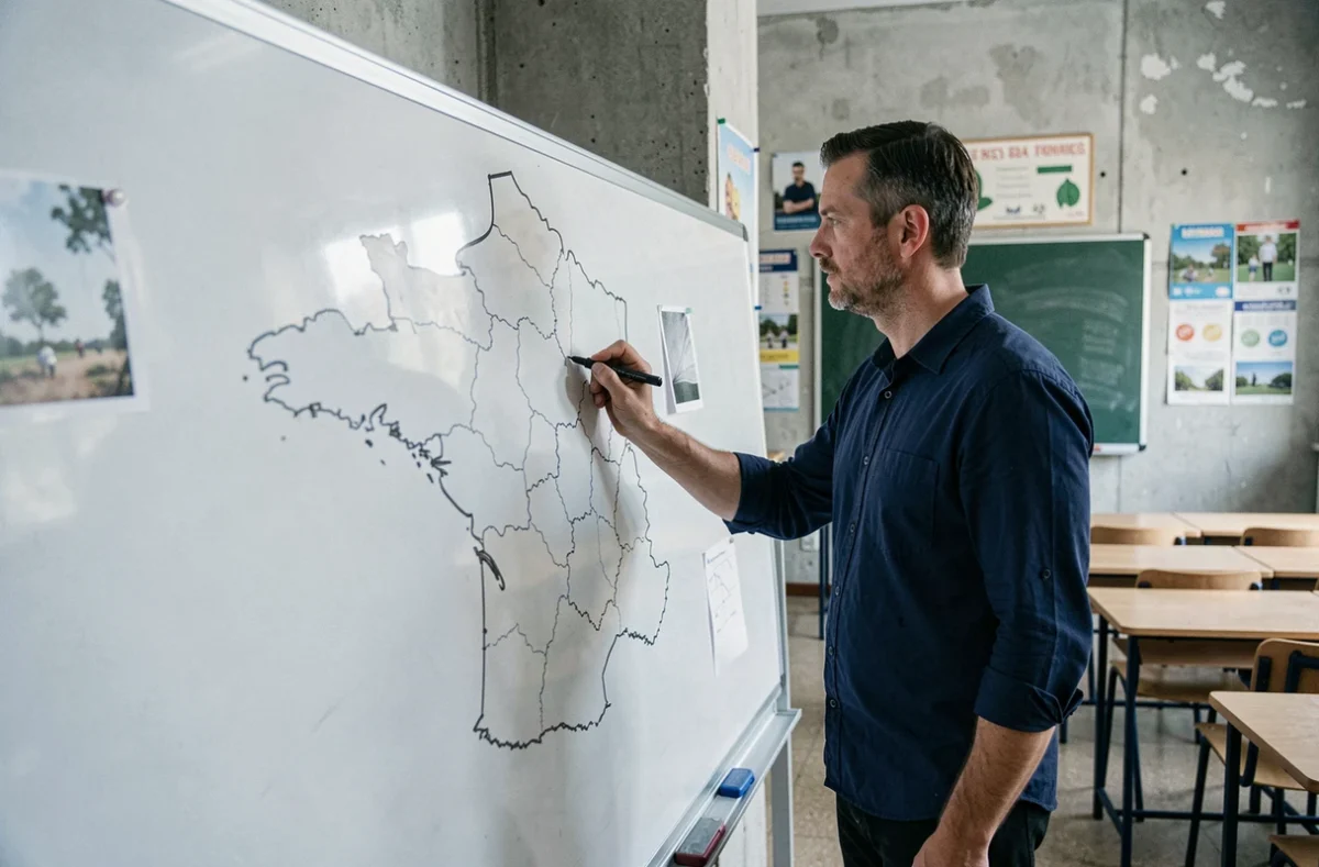 Enseignant dessinant une carte vierge de France au tableau blanc pour illustrer la mémorisation géographique