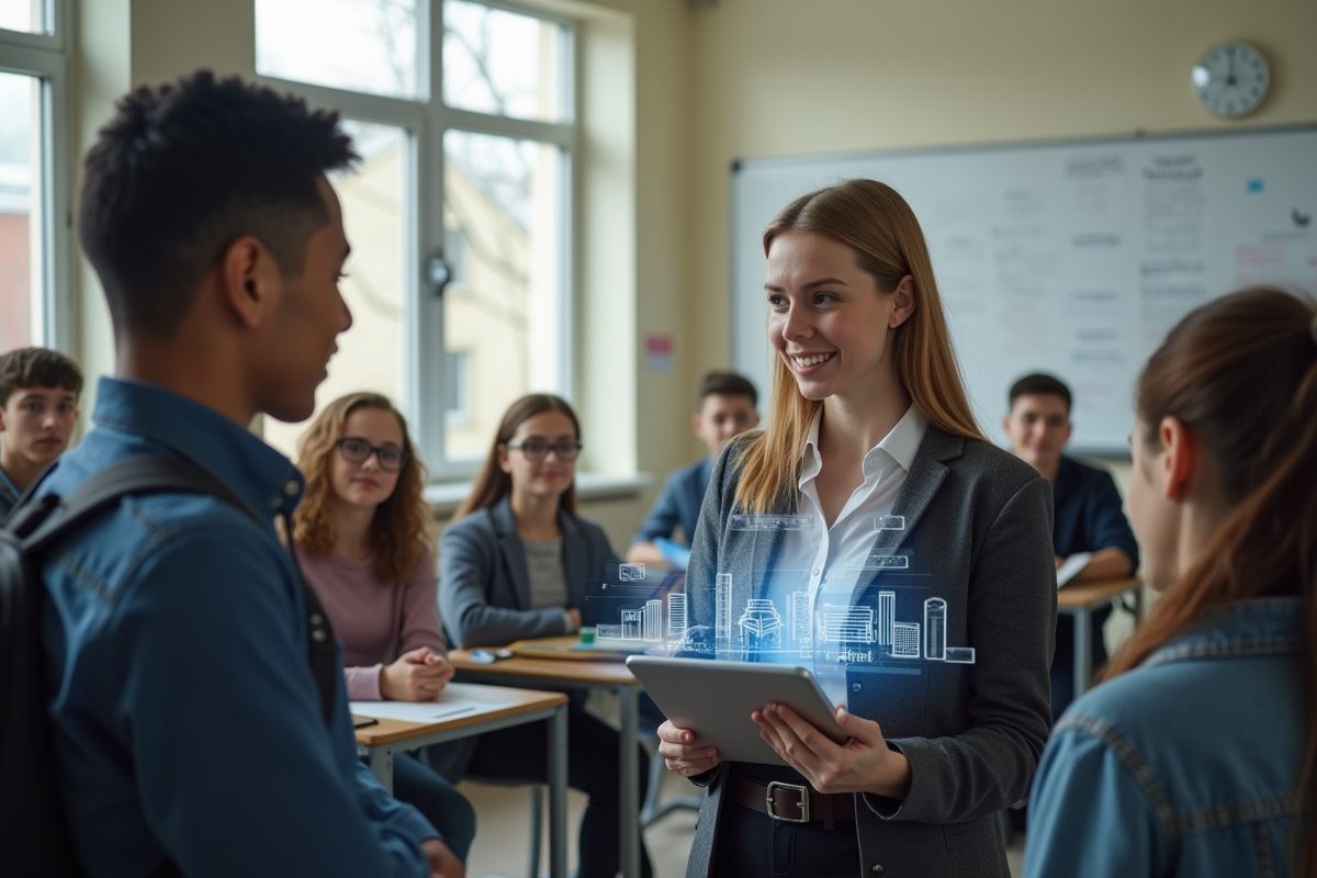 Professeure montrant une tablette avec réalité augmentée aux lycéens