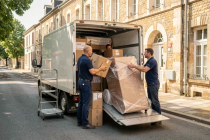 Équipe de déménageurs professionnels chargeant un camion dans une rue résidentielle d'une ville française du Maine-et-Loire