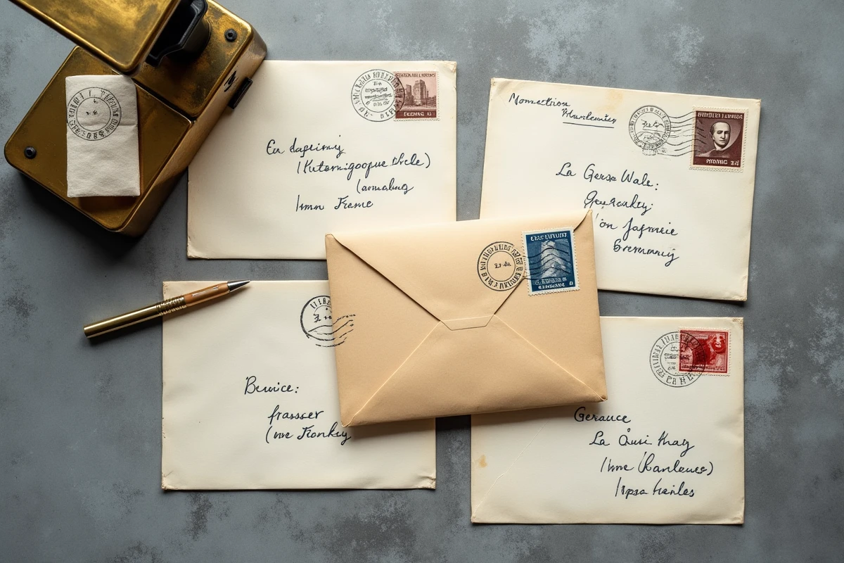 Vue de dessus d'enveloppes timbrées avec des adresses internationales et une balance postale vintage sur béton gris