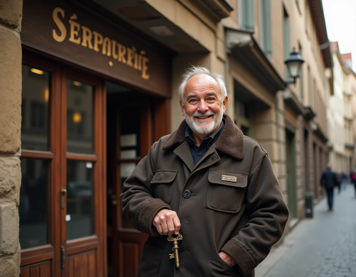 Serrurier historique des Etablissements Jacquot devant sa boutique traditionnelle en Côte-d'Or