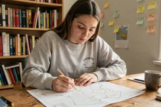 Étudiante complétant une carte de France vierge à son bureau pour mémoriser la géographie