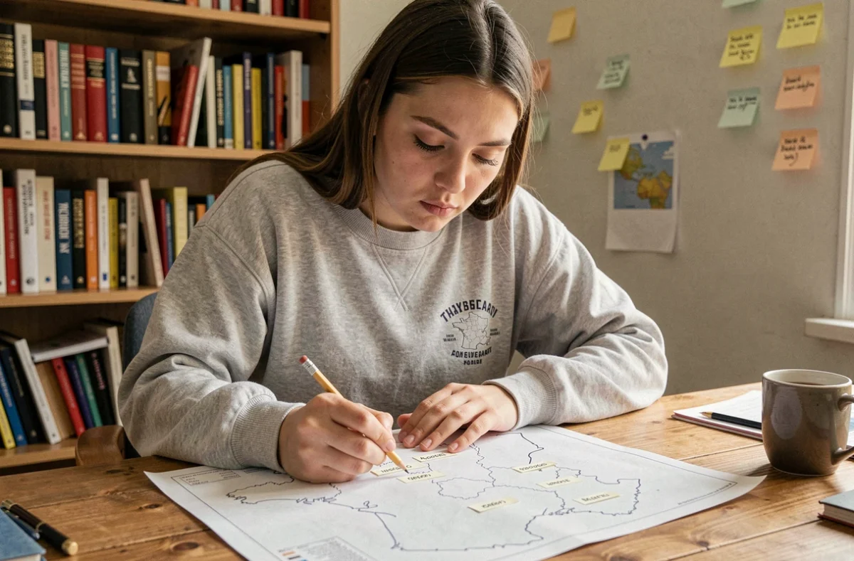 Étudiante complétant une carte de France vierge à son bureau pour mémoriser la géographie