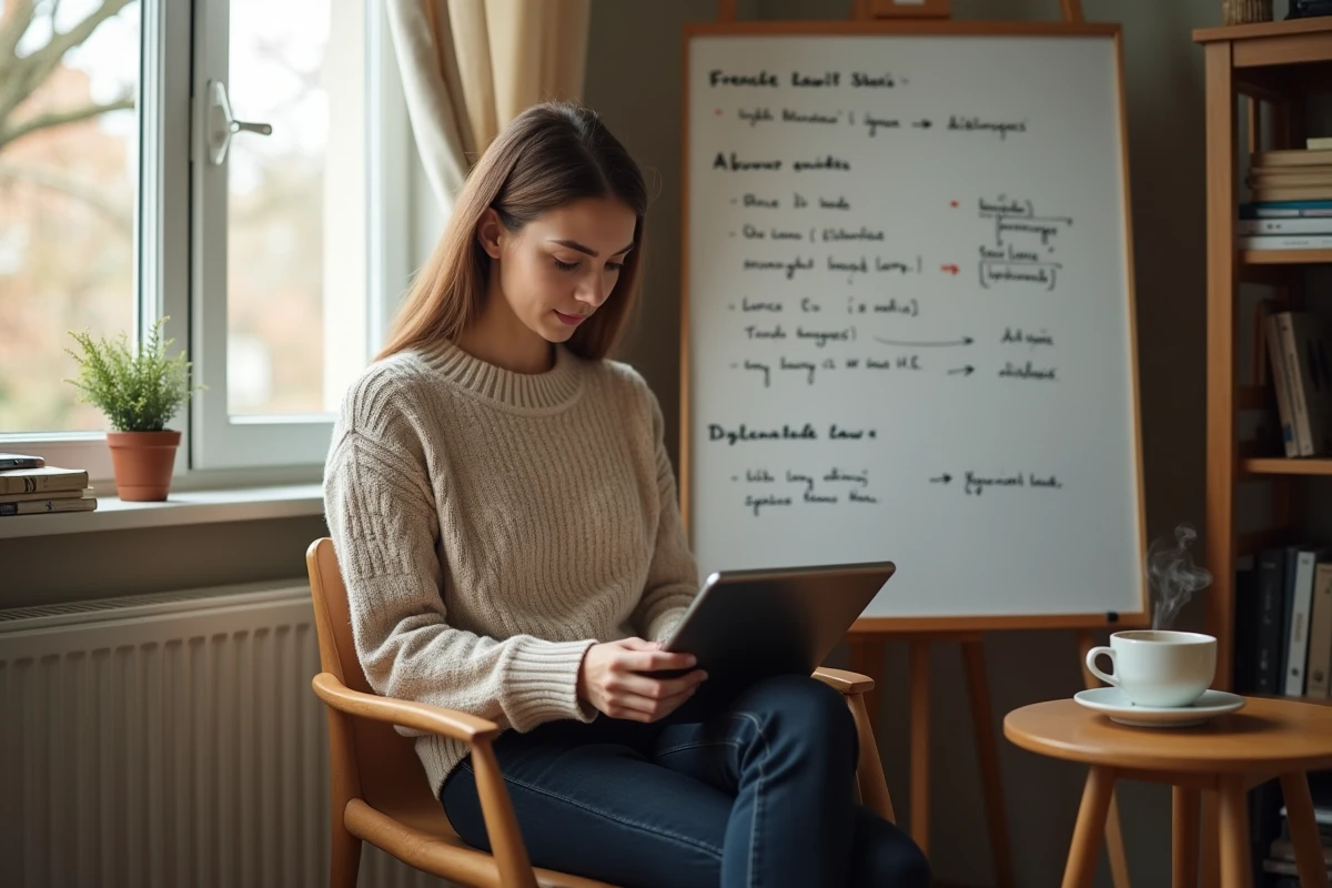 Étudiante en droit public consultant un blog juridique spécialisé sur une tablette dans un bureau à domicile