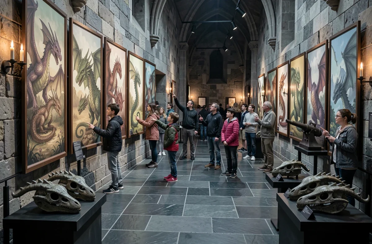 Exposition muséale sur les dragons de l'univers Harry Potter avec des panneaux illustrés et des visiteurs curieux