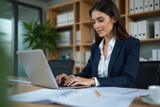Femme d'affaires vérifiant des factures sur un ordinateur moderne