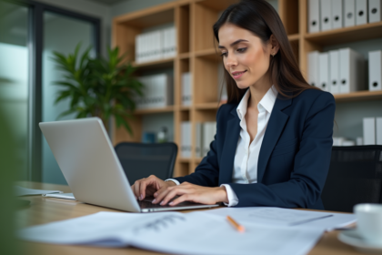 Femme d'affaires vérifiant des factures sur un ordinateur moderne