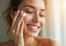 Femme souriante appliquant creme visage devant fenetre ensoleillee