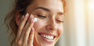 Femme souriante appliquant creme visage devant fenetre ensoleillee