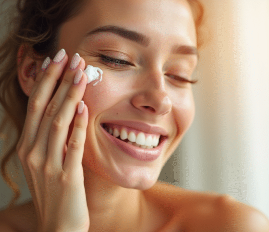 Femme souriante appliquant creme visage devant fenetre ensoleillee