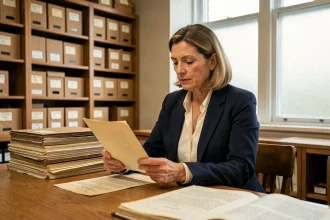 Femme consultant des archives publiques dans une salle de lecture historique, évoquant la recherche documentaire sur une vie privée