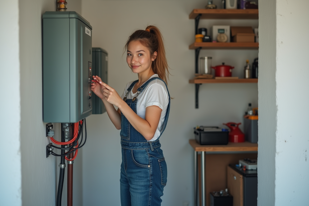 Jeune femme connectant une batterie dans une pièce technique
