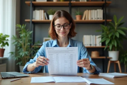 Jeune femme au bureau examine un tableau PDF de conversion litres