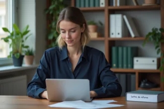 Femme au bureau moderne tapant sur un ordinateur portable