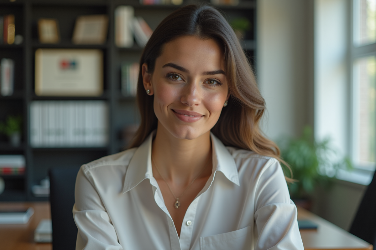 Femme confiante assise à un bureau dans un bureau moderne