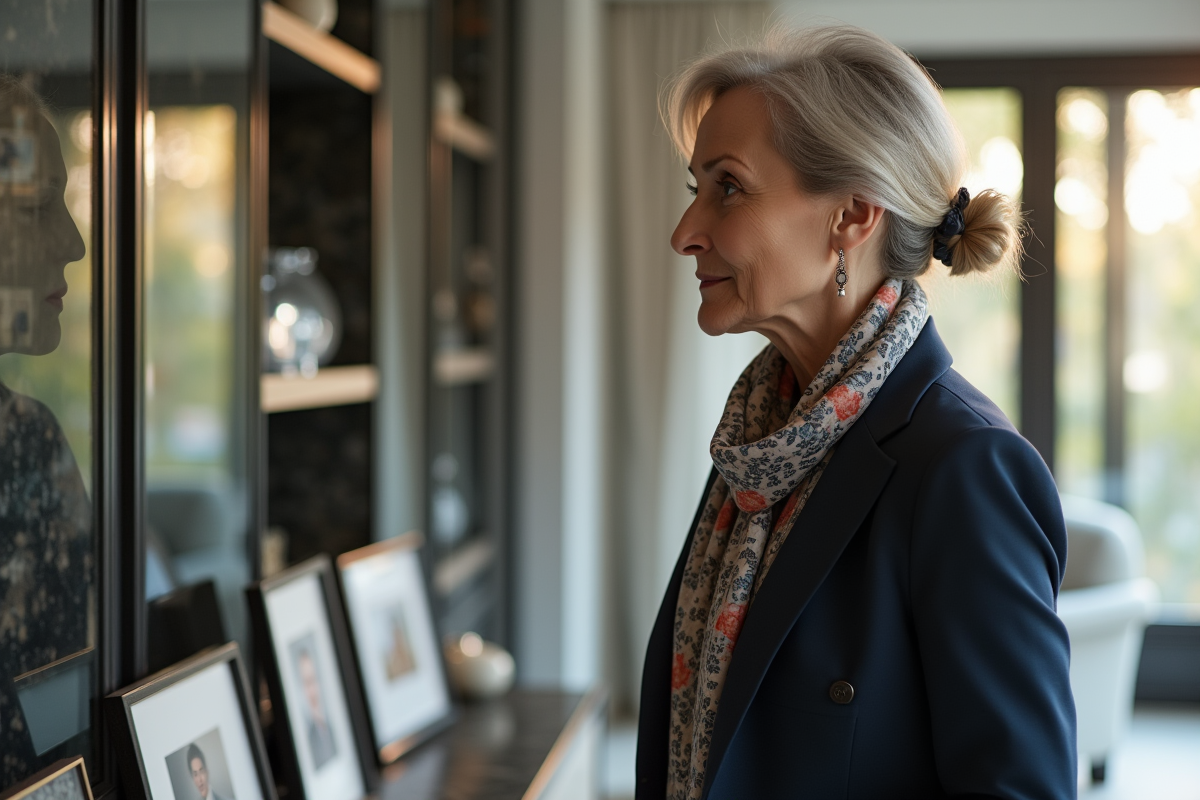 Femme élégante examinant des photos et prix dans un salon moderne