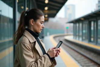 Jeune femme consultant les horaires du tramway T3B sur son smartphone à un arrêt de tram moderne à Paris