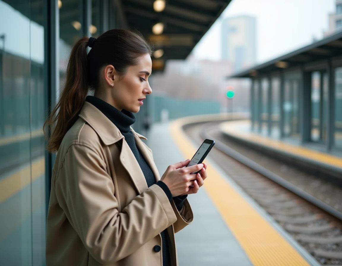 Jeune femme consultant les horaires du tramway T3B sur son smartphone à un arrêt de tram moderne à Paris