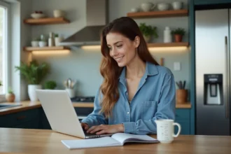 Femme utilisant son ordinateur dans une cuisine moderne