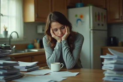 Femme épuisée en situation de burn-out familial assise à sa table de cuisine, illustrant l'isolement et la détresse des familles en crise